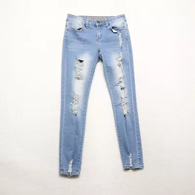 VIP Women's Size 3/4 Blue Skinny Leg Distressed Medium Wash Stretch Denim Jeans • $12.45