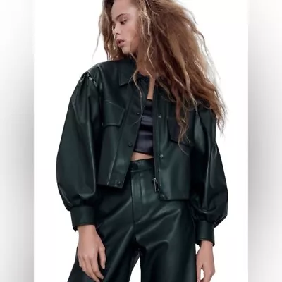 NWT Zara Cropped Puff Sleeve Vegan Leather Bomber Jacket Dark Green Size XS • $95