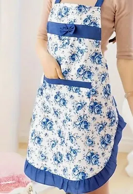 Ladies Electric Blue Ditsy Flower Adjustable Cooking Apron With Large Pocket OS • £6.45