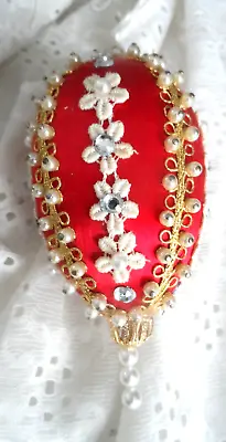 Vintage Beaded Ornament -  HANDMADE RED SATIN EGG SHAPE W/PEARLS & TRIM • $4.99