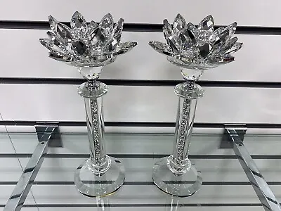 2x Romany Silver Crushed Crystal Candle Holder Lotus Flower Filled Home Decor • £24.99