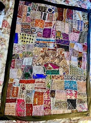 Vintage Indian Tapestry Wall Hanging - Large 60 X 49.5  Middle Eastern Hand Sewn • $45