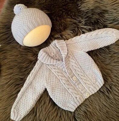 Hand Knitted / Handmade Baby Boy's Cardigan With Matching Hat Size 0-3 Months • £17.99