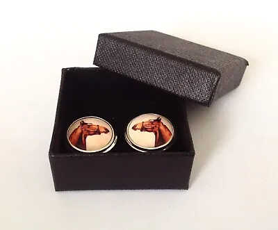 STERLING SILVER Brown Chesnut Racing Horse Portrait Cufflinks Gents Mens Gift • £39.95