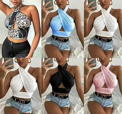 Womens Sleeveless Slinky Cross Front Wrap Over Halter Neck Boob Tube Cropped Top • £9.90