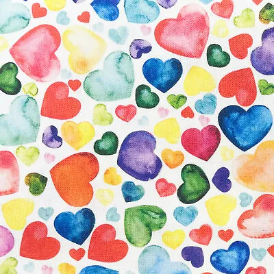 Cotton Fabric Bright Multi Colour Rainbow Love Hearts Craft Fabric Material • £6.99