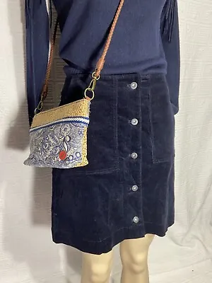 🌱 CUTE Blue Gold SAKROOTS Embroidery Vegan  NEW Small Shoulder Bag Purse • $36