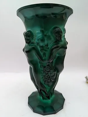 Art Deco Era Bohemian Malachite Glass Schlevogt & Hoffmann 8.5” Bacchantes Vase • $225