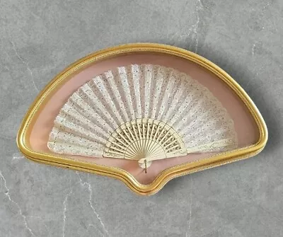 Antique Lace & Mother Of Pearl Silver Sequin Hand Fan Mounted In Shadow Box • $129.99