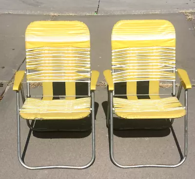 Vintage Beach Lawn Chair Jelly Tube Folding Lawn Pool Vinyl Set Of 2 Yellow • $35