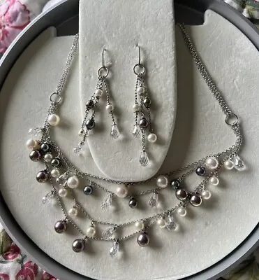 Stunning Silver And Majorica Pearl & Crystal Necklace & Earrings Set In Box • $84.61