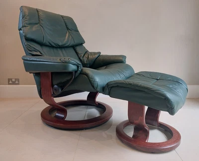 £395 • Buy Ekornes Stressless  Reno  Dark Green Leather Recliner Chair And Stool (Medium)