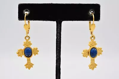 Vintage Cabochon Cross Earrings Blue Jelly Brushed Gold Dangle NOS 1980s BinA6 • $23.96