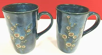 2 World Market Pottery Cherry Blossom Blue Coffee Mugs Stoneware Cups Japan • $14.95