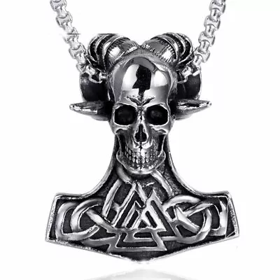 MENDEL Mens Norse Viking Valknut Skull Mjolnir Necklace Pendant Stainless Steel • $12.99