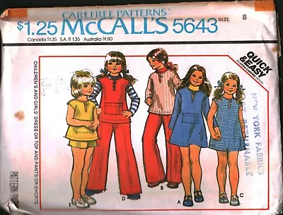 5643 Vintage McCalls Sewing Pattern Girls Dress Top Pants Shorts Easy Quick 8 • $4.89