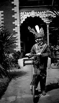 Hawthorn 1931 A Small Boy On A Scooter He Wears An Indian Head Dress OLD PHOTO • $9