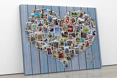 Heart Shape Collage Personalised Wood Photo Picture Canvas Art Print Valentines • £14.50