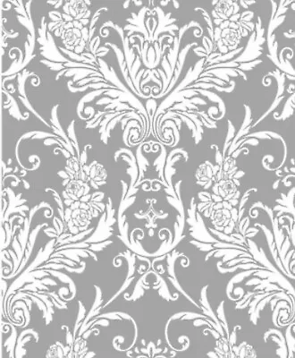 Silver White Damask Wallpaper Metallic Shimmer Vintage Suede Flock Effect Debona • £10.99