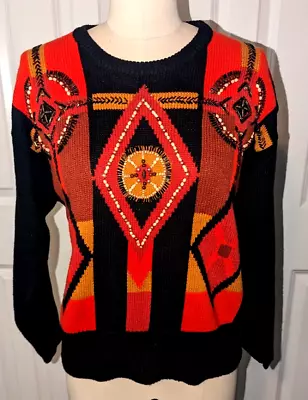 Vintage IB Diffusion Southwest Native Sweater Beads Rhinestones Size M • $39.95