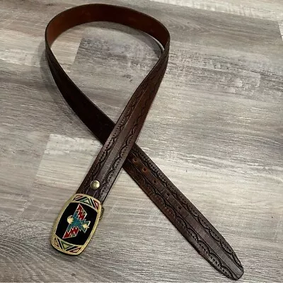 Vintage Native American Thunderbird Buckle Stone Inlay Metal Tooled Leather Belt • $50