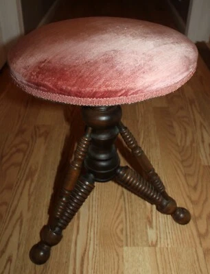 Vintage Piano Stool Swivel Rotates Pink Fabric Seat Mahogany Wood Legs 18.5  • $225