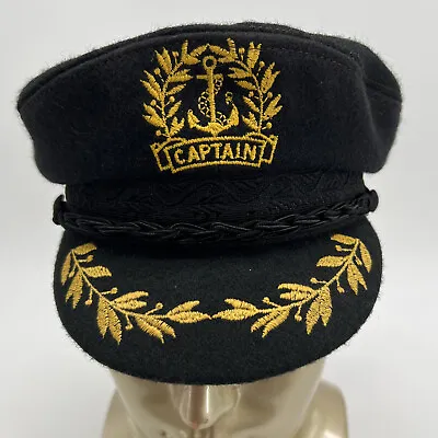 Vintage Black & Gold Sea Captain Aegean Greek Fisherman's Cap Fitted Clean • $19.49