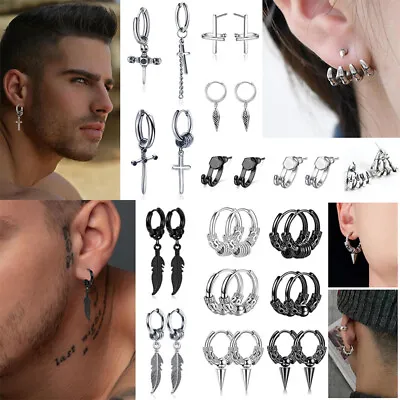 Vintage Stainless Cross Feather Drop Dangle Hoop Hiphop Gothic Earring Men Women • £3.06