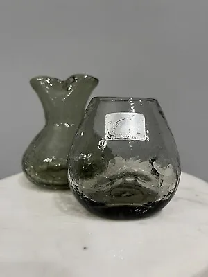 Pair Of Vintage Pilgrim Art Glass Smoked Gray Crackle Glass Pinched Vases MCM • $29.99