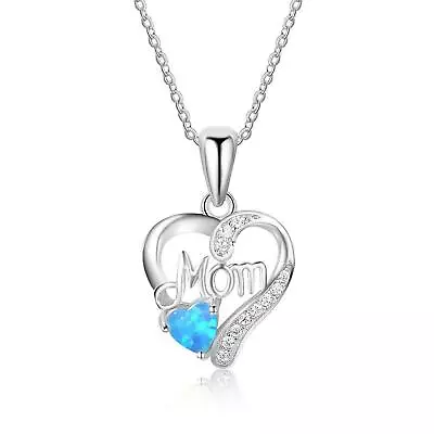 Sterling Silver 925 Heart Necklace CZ Blue Opal MoM Pendant Necklace Mother K69 • $16.95