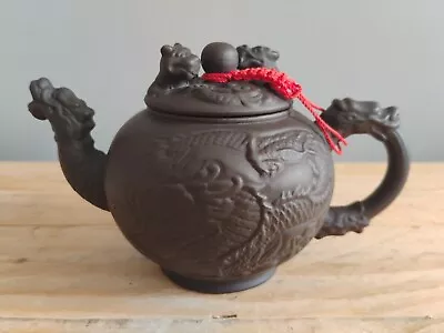 Chinese Yixing Zisha Ceramic Dark Brown Dragon Teapot Lucky Red Thread To Lid • $23.64