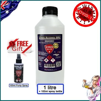 Ethyl / Ethanol VIRUS KILLER Denatured Antiseptic Alcohol 1ltr Bottle+ Free Gift • $8.90