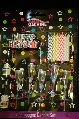 Happy Birthday Champagne Bottle & Glasses Candle Cake Decorating Set • £3.25