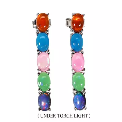 Heated Oval Orange Opal Blue Opal Gemstone 925 Sterling Silver Jewelry Earrings • $40