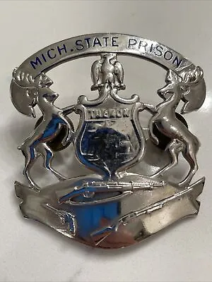 Antique Obsolete Michigan State Prison Hat Badge Shield Stags Guns Chromed Brass • $329.09