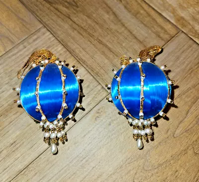 2 Vintage Satin Thread Wrapped Christmas Pushpin Ornaments Small Blue & Gold • $12