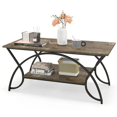2-Tier Cocktail Coffee Table Heavy-Duty Metal Frame Furniture Living Room Brown • $78.96