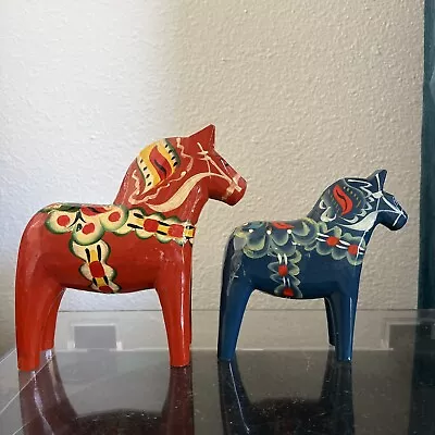 Vintage NILS OLSSON Dala Horse Wood Handmade Painted Swedish Set Of 2 • $50