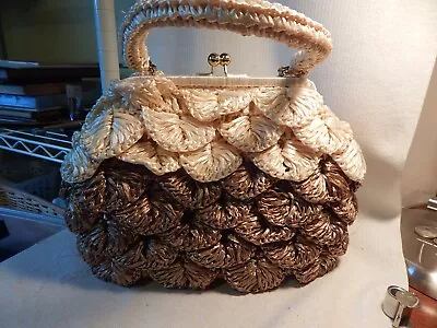 Vtg 1950s 60s Walborg Raffia Straw Woven Handbag Purse Crochet Ivory Brown Japan • $34.95