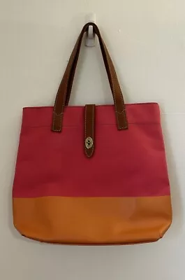Fossil Women’s Pink & Orange Large Leather & Canvas Tote Bag With Turnlock • $55