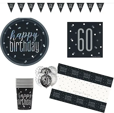 Black & Silver Glitz Happy 60th Birthday Napkins Tablecover Plates Balloons    • £2.25