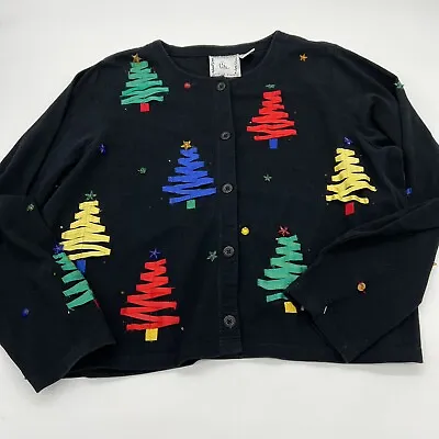 Michael Simon Lite Cardigan Sweater L Large Embroidered Ribbon Christmas Trees • $34.97