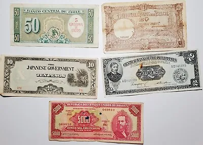 Mixed Lot Of 5 World Paper Money Belgium Japan Philippines Chile Brazil • $15