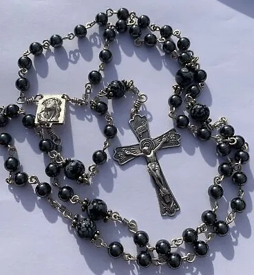 Vtg Sterling Silver Snowflake Obsidian Hematite Rosary Bead Necklace Cross • $39.99