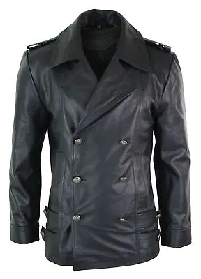 Mens Mid Length Sailors Marine Goth Punk Double Breasted Real Leather Jacket • $212.28