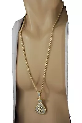 Men Bling Necklace Gold Metal Chain Money Bag Charm Dollar $ Pendant Jewelry • $15.75