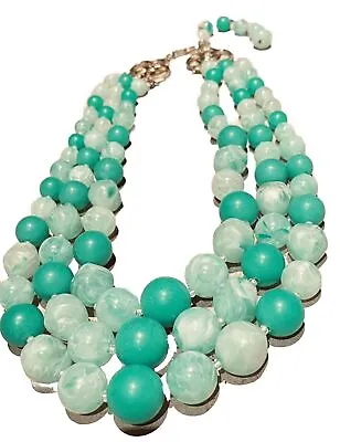 Green Lucite & Glass Bead Choker Graduated Necklace Vintage 3 Tier Jewelry • $19.99