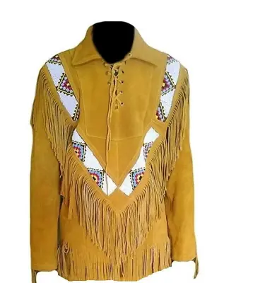 Mens Western Brown Buckskin Suede Leather Fringe Mountain Man Beaded Shirt WS59 • $98.87