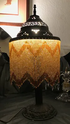 Gorgeous (9  Long Beaded Fringe) Vintage Collectible Working Metal Lamp Must See • $400