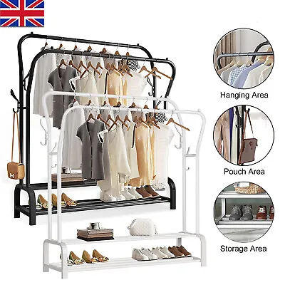 Heavy Duty Double Clothes Rail Hanging Rack Garment Display Stand Shoes Storage • £8.95